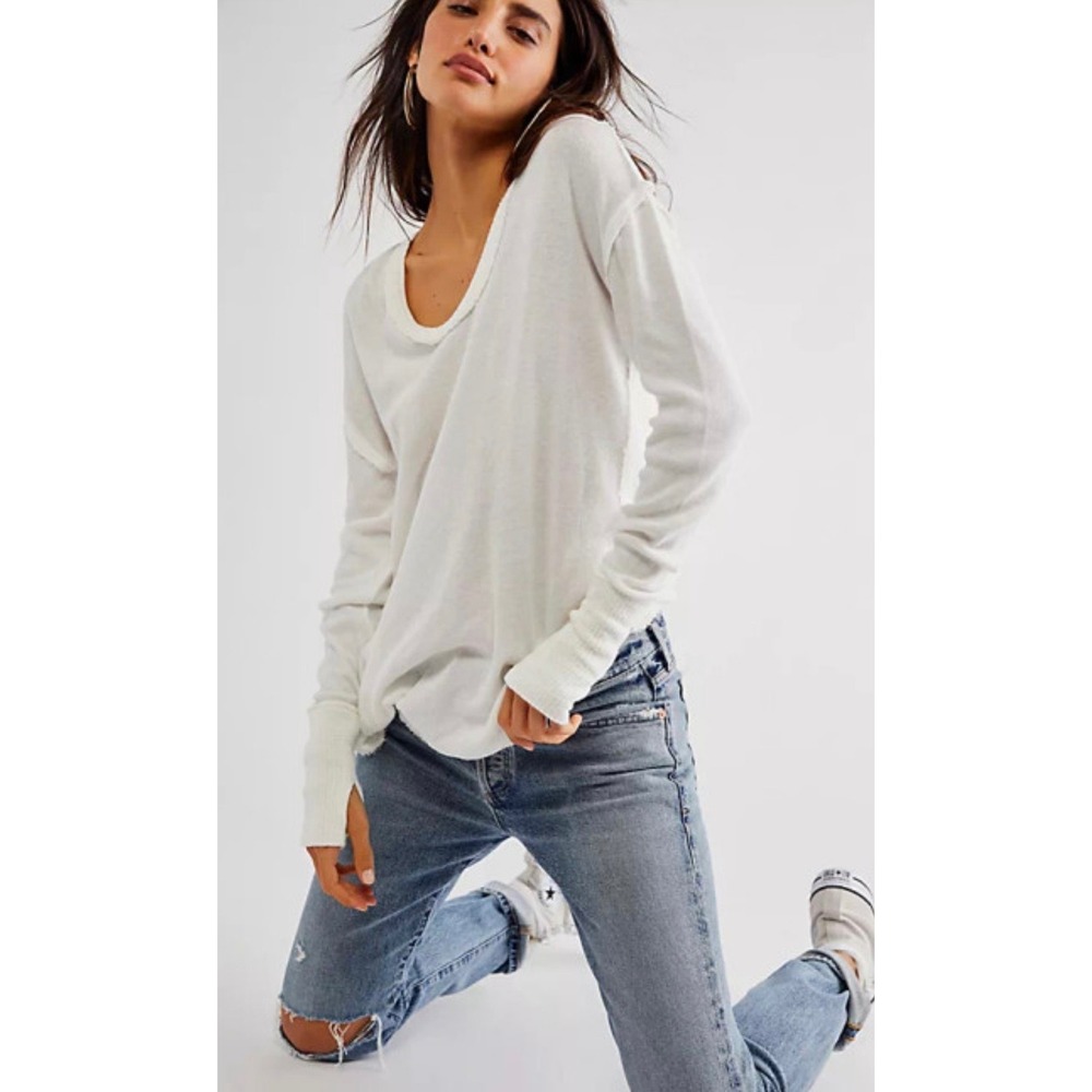 Free People White Long Sleeve Scoop Neck Knit Shirt Top Blouse
